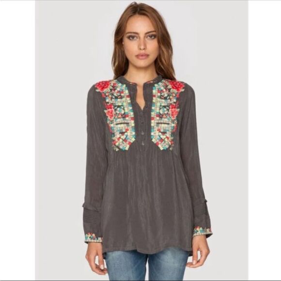 Johnny Was Embroidered Cupra Rayon Grey  Top Tunic XS - Picture 1 of 7